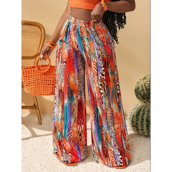 Passion of Essence Pants - Vibrant Multicolor Wide Leg Palazzo Pants – Boho Festival Style (Size L)
